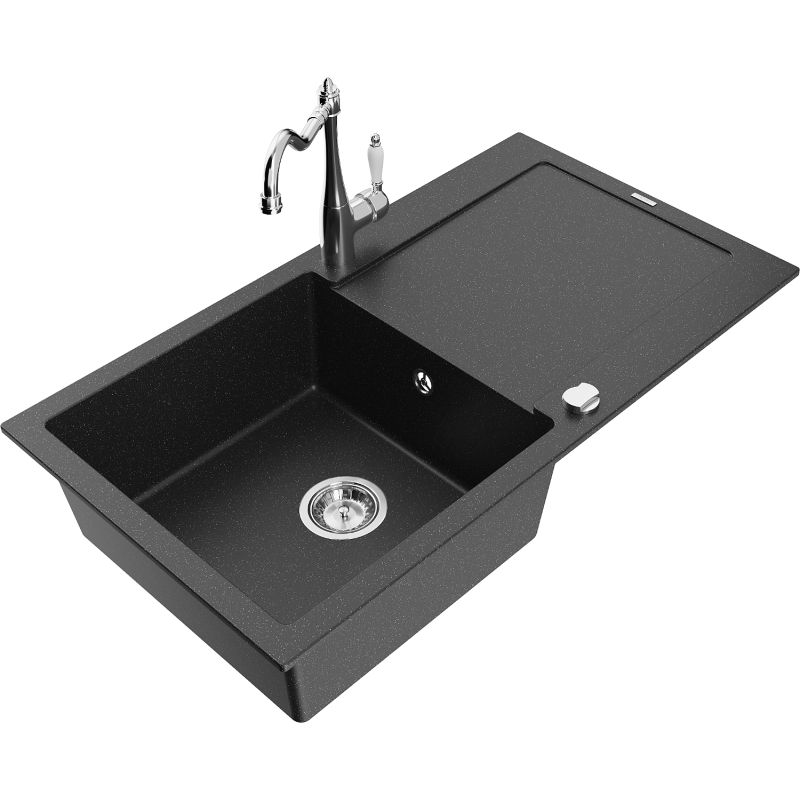 Zlewozmywak granitowy 1-komorowy Mexen Leo z ociekaczem i baterią kuchenną Carla czarny/srebrny metalik 6501-73-670700-00