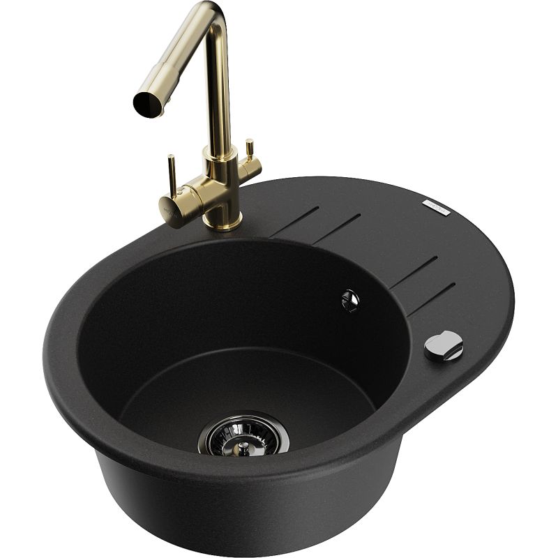 Zlewozmywak granitowy 1-komorowy Mexen Kevin z ociekaczem i baterią kuchenną Duero czarny - 6517-77-671600-70-B 1 szt.