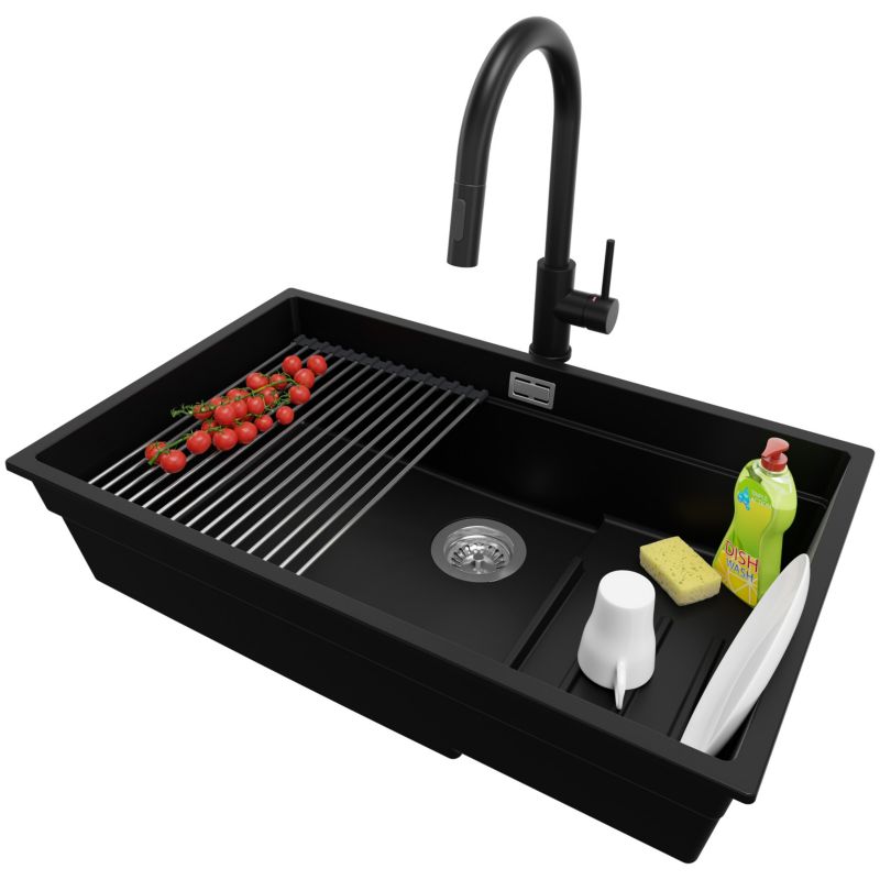 Zlewozmywak podblatowy Praga PRIMAGRAN 76x47cm do szafki od 80cm, Czarny + Bateria + Syfon + Zwijany ociekacz, S611, 1 szt.