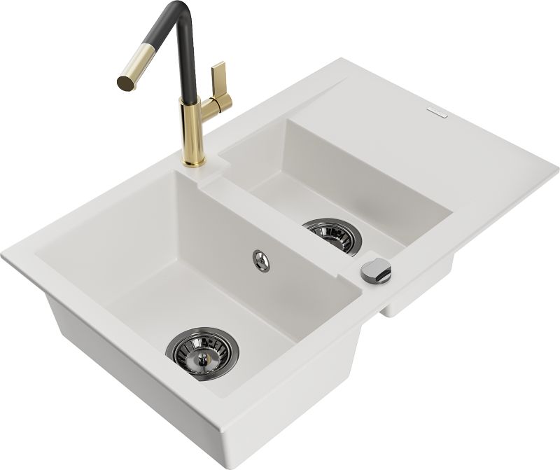 Zlewozmywak granitowy Mexen Gaspar 1,5-komorowy z ociekaczem i baterią kuchenną Flora biały 6507-20-670401-57-B