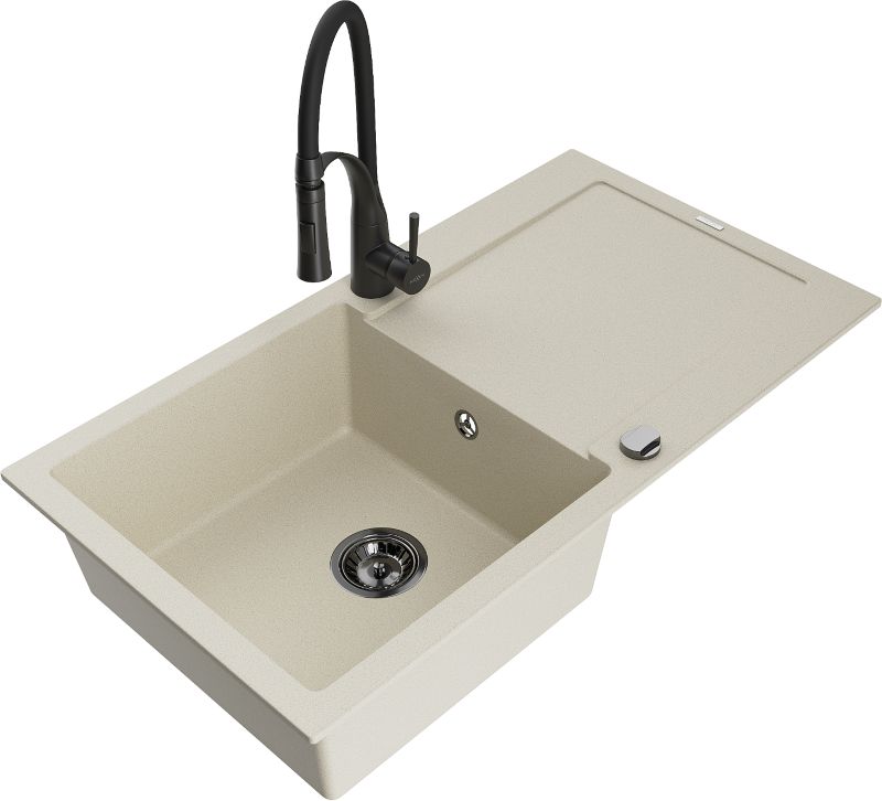 Zlewozmywak granitowy Mexen Leo 1-komorowy z ociekaczem i baterią kuchenną Aster biały - 6501-20-73450-02 1 szt.