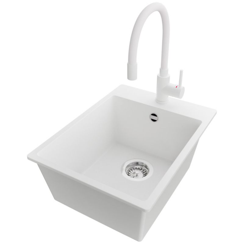 Zlewozmywak Granitowy Ryga PRIMAGRAN Nablatowy 38x50cm do szafki od 40cm, Biały + Bateria 38x14cm + Syfon, S063, 1 szt.