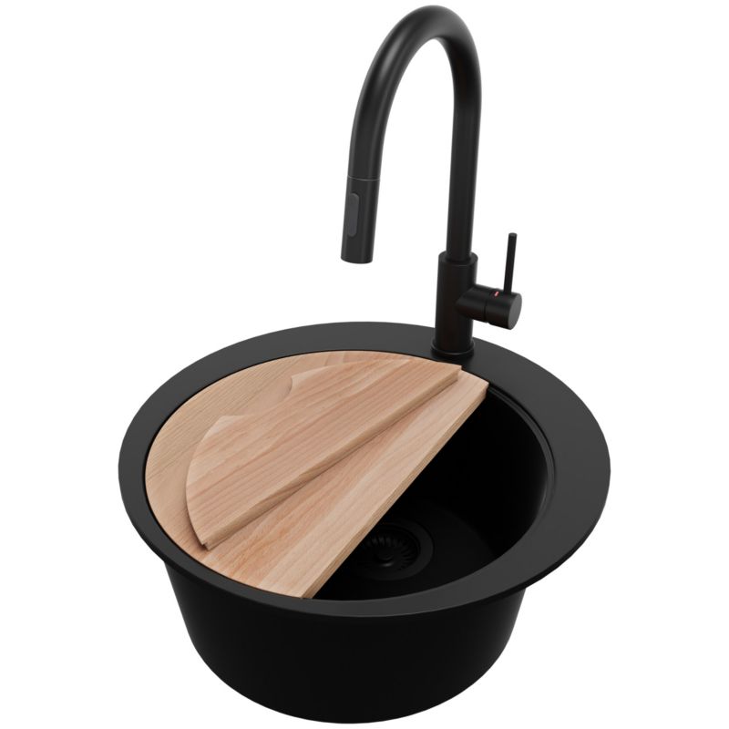 Zlewozmywak Granitowy Okrągły Piza PRIMAGRAN Nablatowy 50x50cm, Cały Czarny + Bateria + Syfon + Akcesorium, S042, 1 szt.