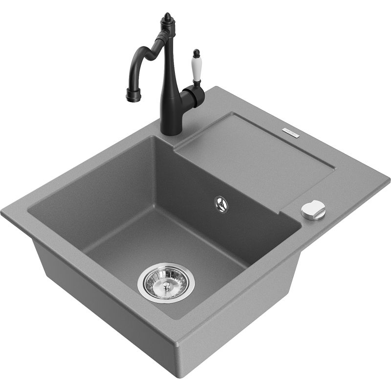 Zlewozmywak granitowy 1-komorowy Mexen Enzo z ociekaczem i baterią kuchenną Carla szary 6506-71-670700-70