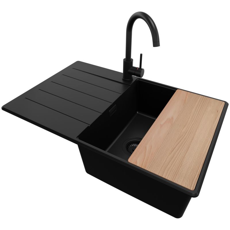 Zlewozmywak Granitowy Kopenhaga PRIMAGRAN Nablatowy 78x50cm, Cały Czarny + Bateria + Syfon + Akcesorium, S538, 1 szt.