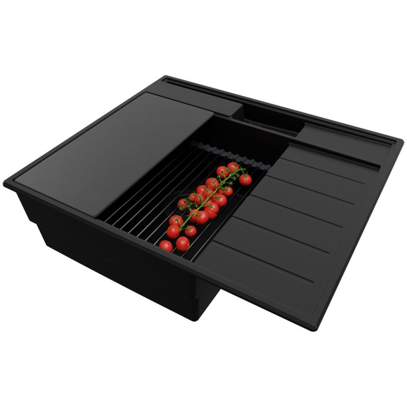 Zlewozmywak Sydney Pocket PRIMAGRAN Nablatowy 62x53cm do szafki od 45cm, Cały Czarny + Syfon + Akcesoria, S093, 1 szt.