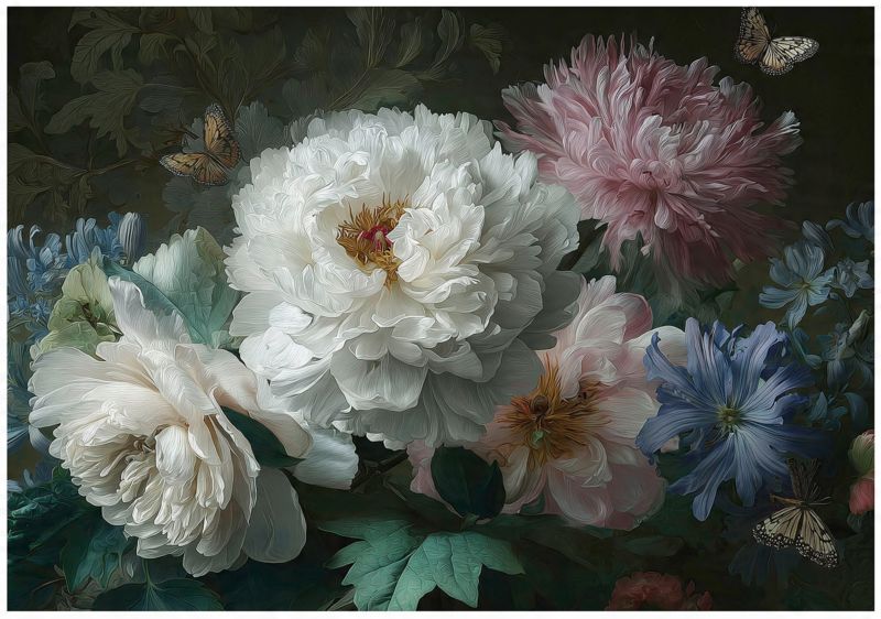 Fototapeta Kwiaty Vintage Na Czarnym Tle Piwonie WALLARENA 400x280 cm Tapeta Do Sypialni Salonu Kuchni 1 szt.