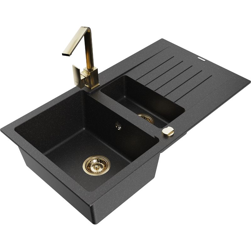 Zlewozmywak granitowy 1.5-komorowy Mexen Matias z ociekaczem i baterią kuchenną Rita czarny/złoty - 6502-75-670300-70-B 1 szt.