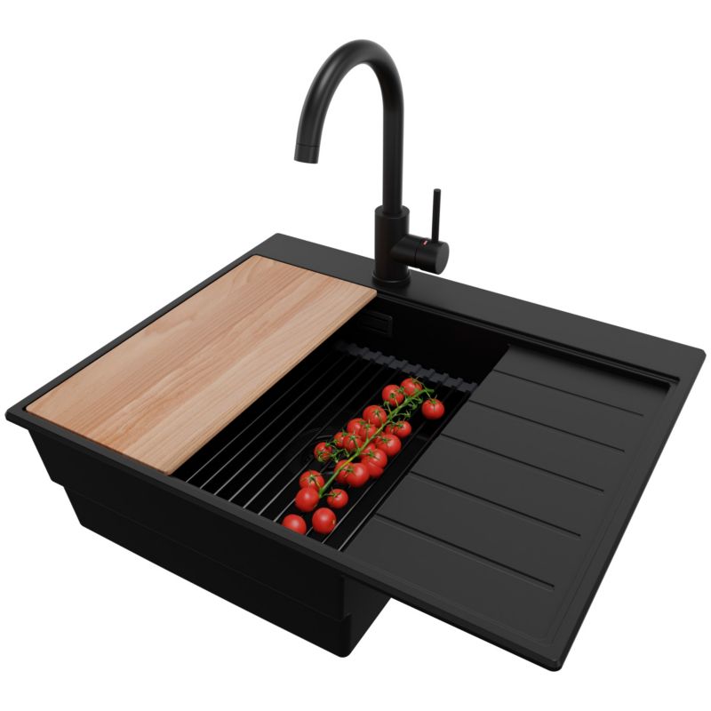 Zlewozmywak Granitowy Sydney PRIMAGRAN Nablatowy 62x50cm, Cały Czarny + Bateria + Syfon + Akcesorium, S186, 1 szt.