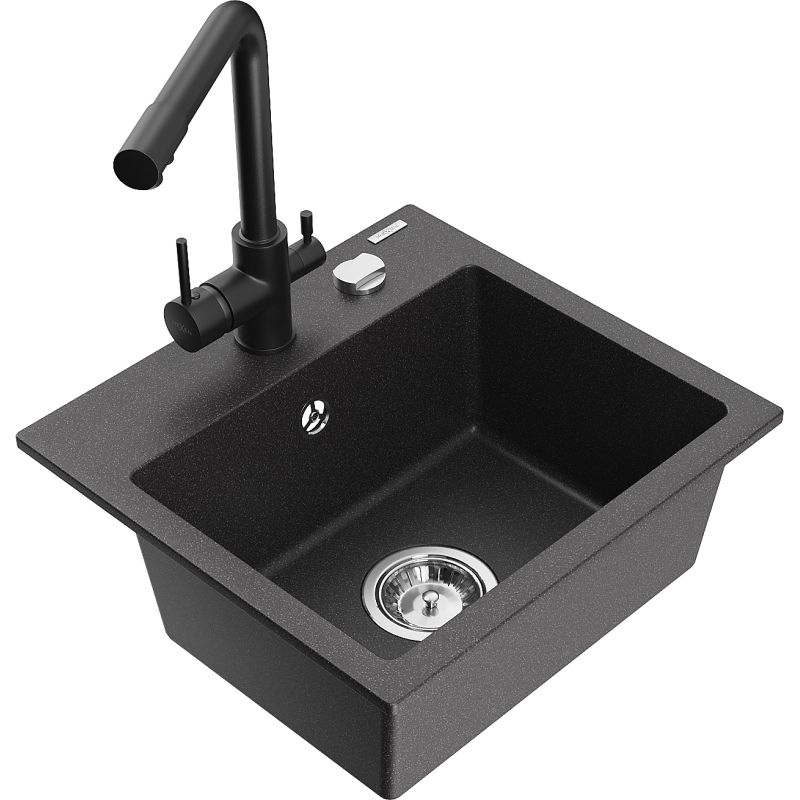 Zlewozmywak granitowy 1-komorowy Mexen Milo z baterią kuchenną Duero czarny nakrapiany 6505-76-671600-70