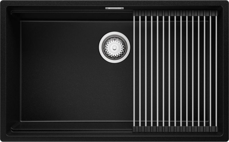 Zlewozmywak podblatowy Praga PRIMAGRAN 76x47cm do szafki od 80cm, Czarny + Syfon + Zwijany ociekacz, S529, 1 szt.