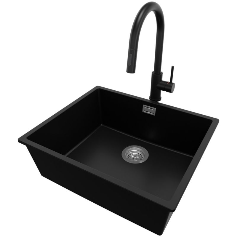 Zlewozmywak Granitowy Londyn Slim PRIMAGRAN Nablatowy 56x47cm do szafki od 60cm, Czarny + Bateria 40x20cm + Syfon, S315, 1 szt.