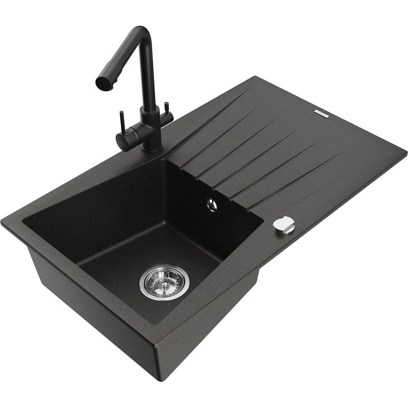 Zlewozmywak granitowy 1-komorowy Mexen Cesar z ociekaczem i baterią kuchenną Duero szary - 6514-71-671600-00 1 szt.