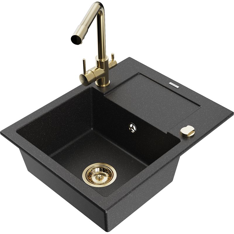 Zlewozmywak granitowy 1-komorowy Mexen Enzo z ociekaczem i baterią kuchenną Duero czarny/srebrny metalik 6506-73-671600-50