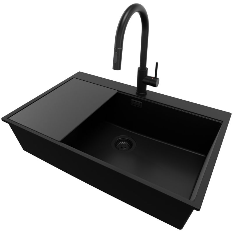 Zlewozmywak Granitowy Oslo PRIMAGRAN Nablatowy 78x50cm do szafki od 80cm, Cały Czarny + Bateria + Syfon + Deska, S631, 1 szt.