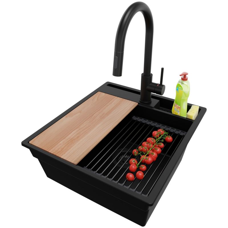 Zlewozmywak Granitowy Oslo Pocket PRIMAGRAN Nablatowy 48x53cm, Cały Czarny + Bateria + Syfon + Akcesorium, S175, 1 szt.