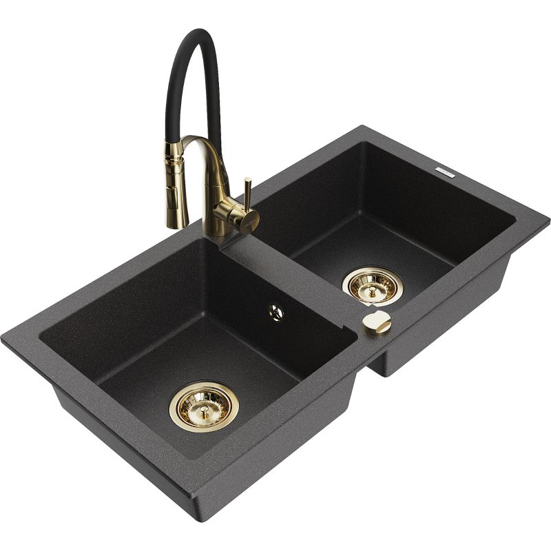 Zlewozmywak granitowy 2-komorowy Mexen Mario z baterią kuchenną Aster czarny nakrapiany 6504-76-73450-57-G