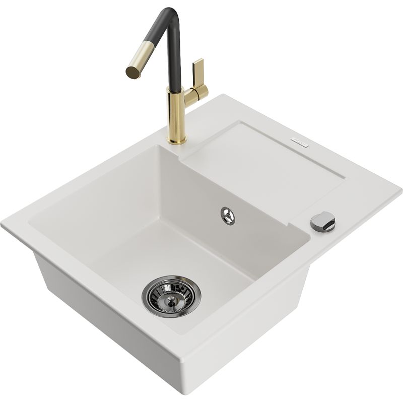 Zlewozmywak granitowy 1-komorowy Mexen Enzo z ociekaczem i baterią kuchenną Flora biały 6506-20-670401-57-B