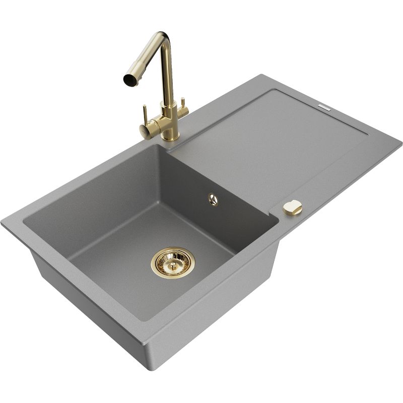 Zlewozmywak granitowy 1-komorowy Mexen Leo z ociekaczem i baterią kuchenną Duero szary 6501-71-671600-50