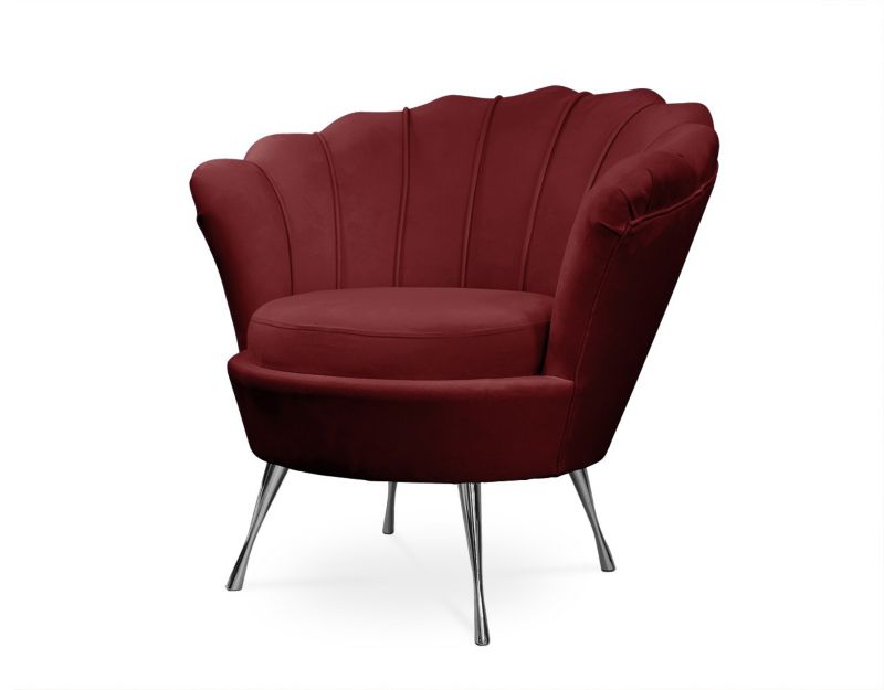 Fotel tapicerowany Bettso Muszelka na srebrnej nodze do salonu bordowy 1szt.
