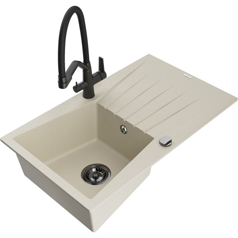 Zlewozmywak granitowy 1-komorowy Mexen Cesar z ociekaczem i baterią kuchenną Duo biały - 6514-20-671701-70-B 1 szt.