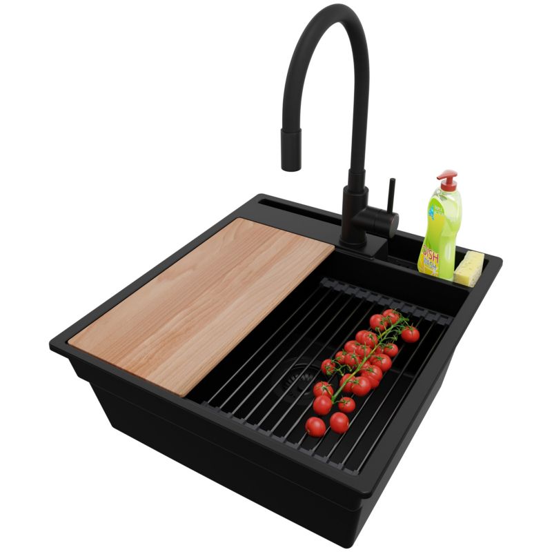 Zlewozmywak Granitowy Oslo Pocket PRIMAGRAN Nablatowy 48x53cm, Cały Czarny + Bateria + Syfon + Akcesorium, S176, 1 szt.