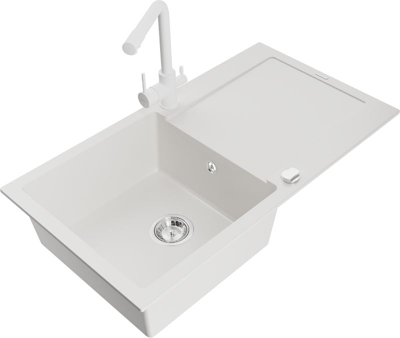 Zlewozmywak granitowy Mexen Leo 1-komorowy z ociekaczem i baterią kuchenną Duero biały - 6501-20-671600-00 1 szt.