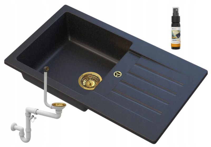 Zlewozmywak Granitowy Kuchenny Granitan Trix Czarny z Drobinkami Złotego z Syfonem 1kpl.