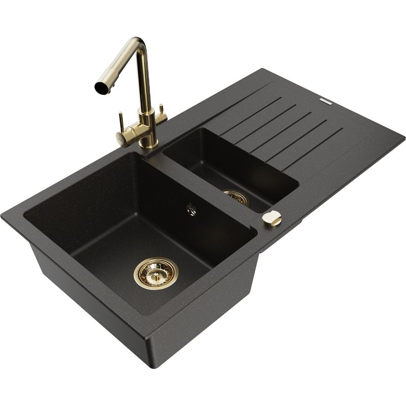 Zlewozmywak granitowy 1.5-komorowy Mexen Matias z ociekaczem i baterią kuchenną Duero czarny/złoty metalik 6502-75-671600-50