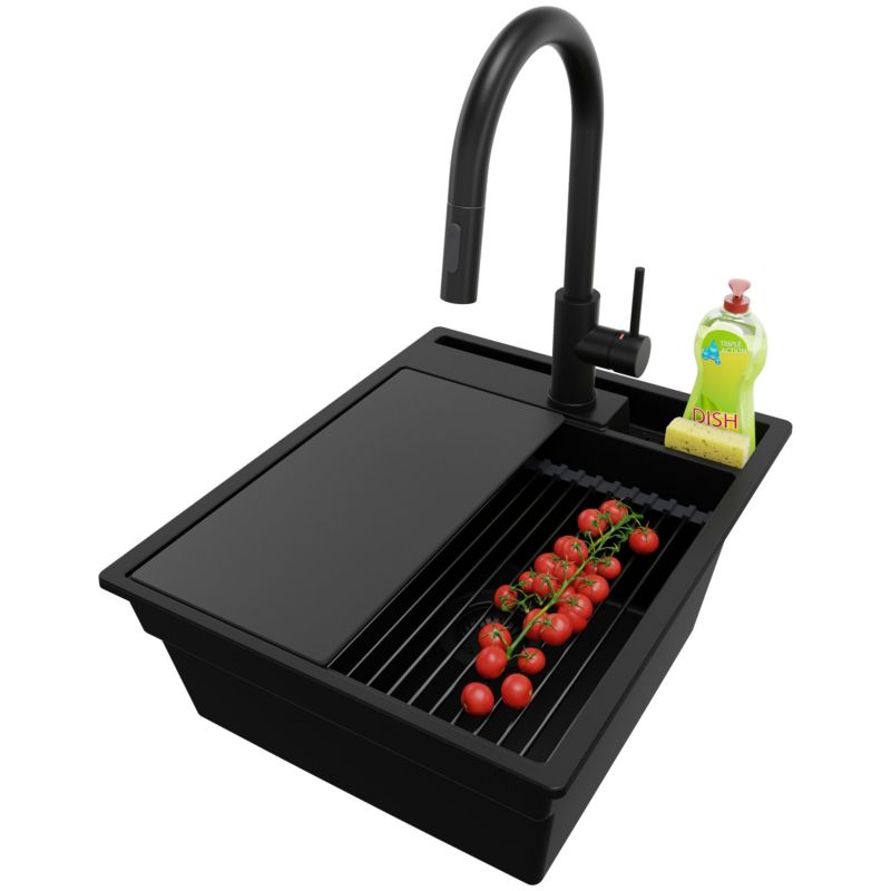 Zlewozmywak Granitowy Oslo Pocket PRIMAGRAN Nablatowy 43x53cm, Cały Czarny + Bateria + Syfon + Akcesorium, S119, 1 szt.