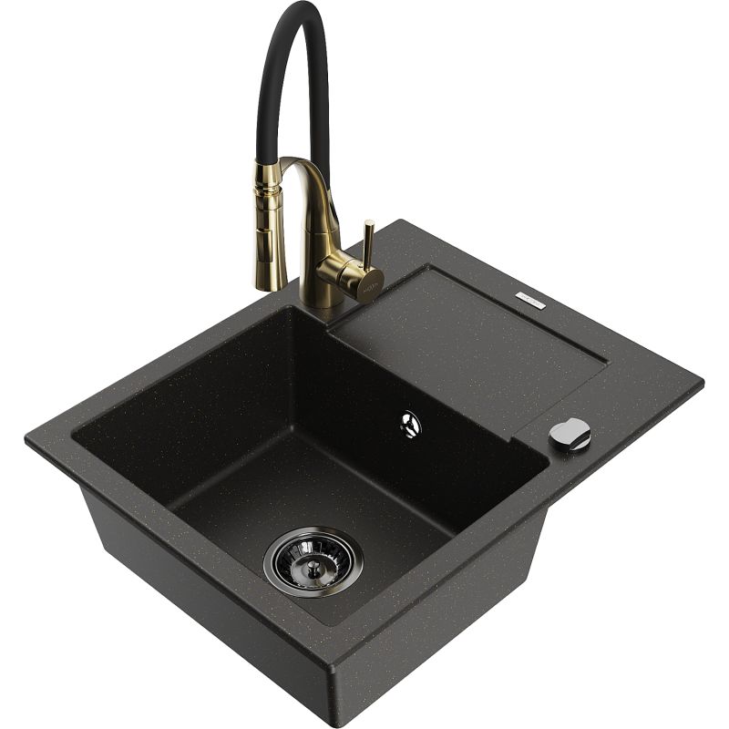 Zlewozmywak granitowy 1-komorowy Mexen Enzo z ociekaczem i baterią kuchenną Aster czarny/złoty metalik 6506-75-73450-57-B
