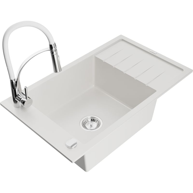 Zlewozmywak granitowy 1-komorowy Mexen Elias z ociekaczem i baterią kuchenną Aster biały 6511-20-73450-02