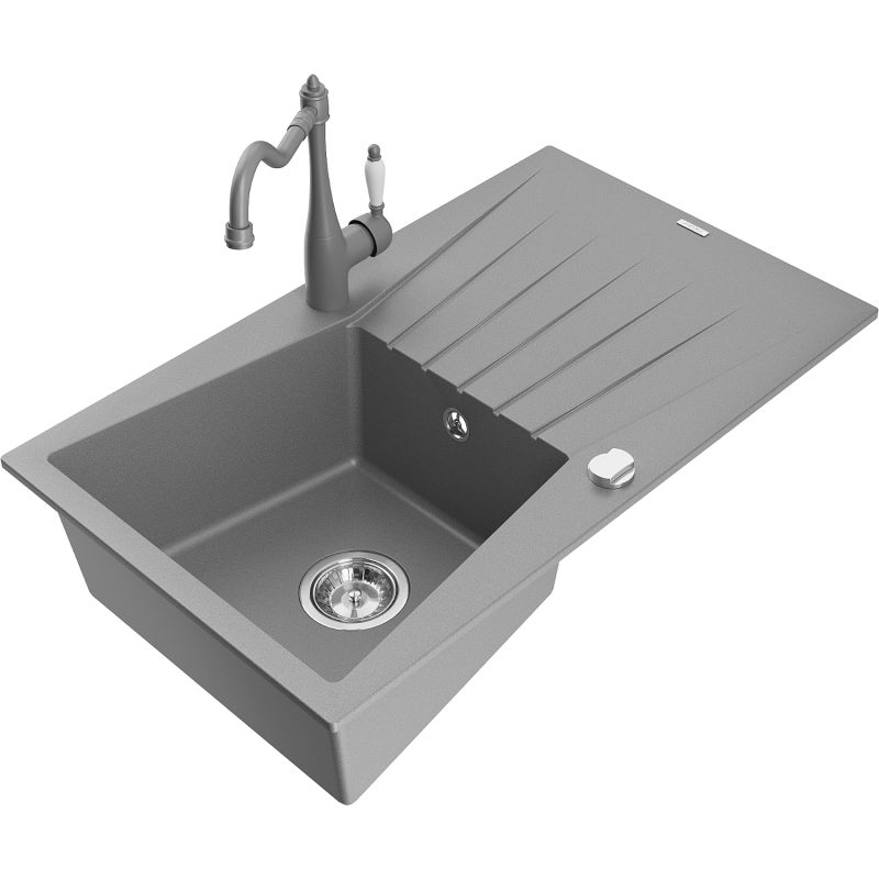 Zlewozmywak granitowy 1-komorowy Mexen Cesar z ociekaczem i baterią kuchenną Carla szary - 6514-71-670700-00 1 szt.