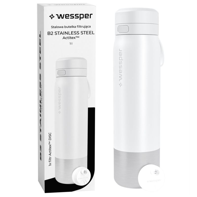 Butelka na wodę, Wessper, filtrująca, stal nierdzewna, bidon, z filtrem wody, 1L, B2 STAINLESS STEEL Actitex, biała, 1szt