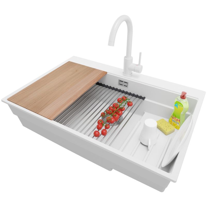 Zlewozmywak Granitowy Oslo Max PRIMAGRAN Nablatowy 78x53cm do szafki od 80cm, Biały + Bateria + Syfon + Akcesoria, S102, 1 szt.