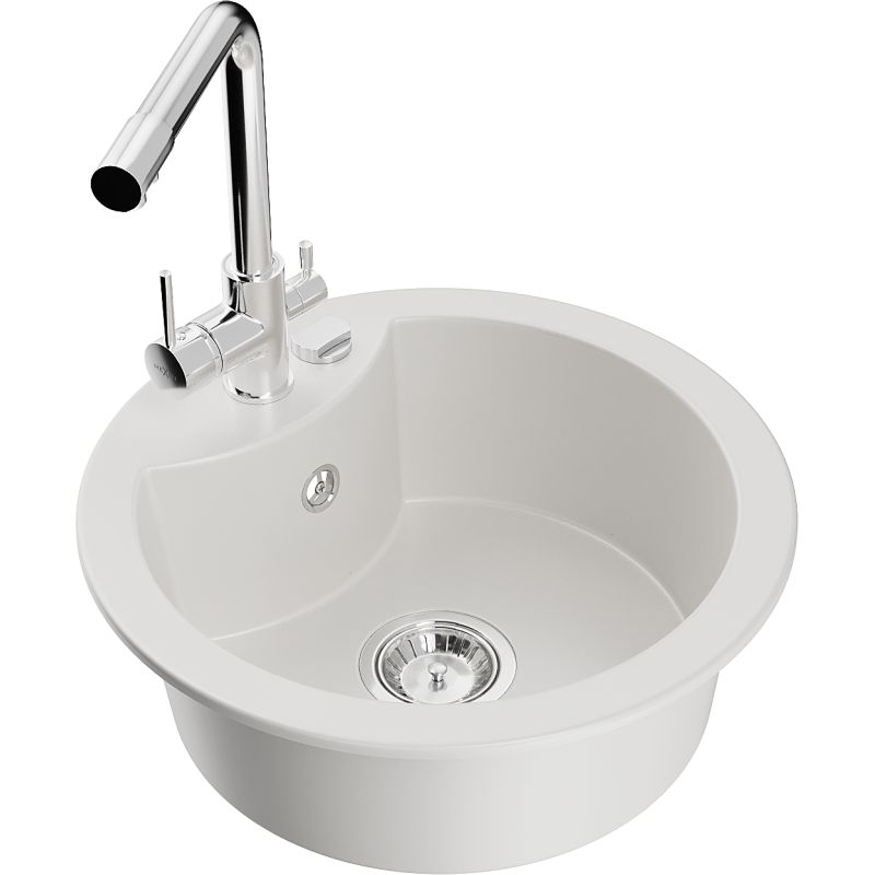 Zlewozmywak granitowy 1-komorowy Mexen Diego z baterią kuchenną Duero biały 6512-20-671600-00