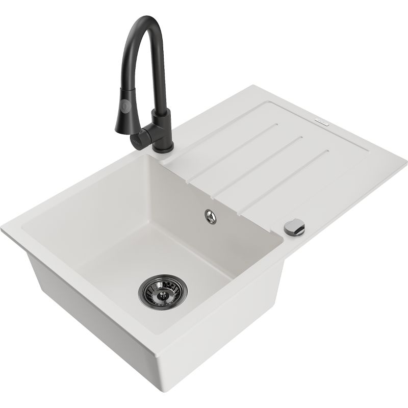 Zlewozmywak granitowy 1-komorowy Mexen Bruno z ociekaczem i baterią kuchenną Elia czarny - 6513-77-670101-70 1 szt.