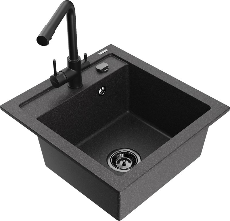 Zlewozmywak granitowy Mexen Vito 1-komorowy z baterią kuchenną Duero czarny 6503-76-671600-70-B