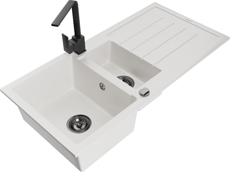 Zlewozmywak granitowy Mexen Andres 1,5-komorowy z ociekaczem i baterią kuchenną Savita beżowy - 6515-69-672601-00 1 szt.