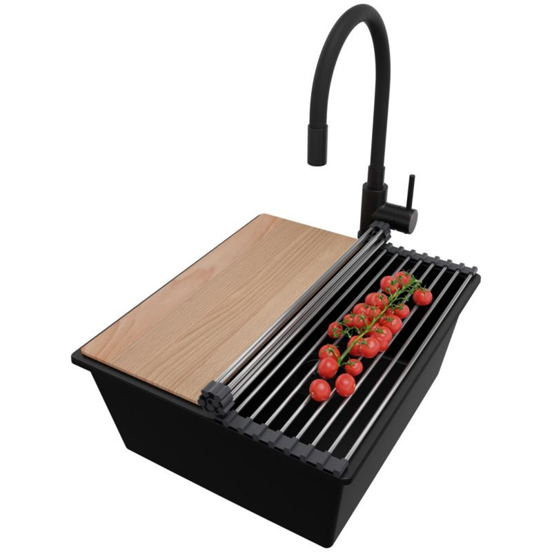 Zlewozmywak Granitowy Londyn Slim PRIMAGRAN Nablatowy 41x47cm do szafki od 45cm z Syfonem i Baterią i Dodatkiem Cały Czarny 1 szt.