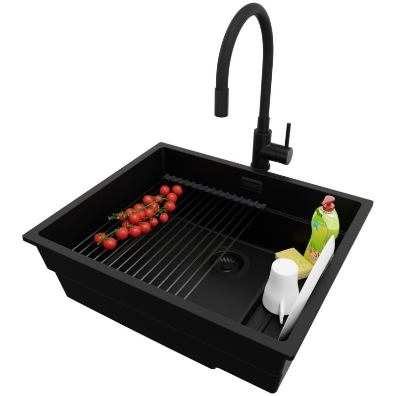 Zlewozmywak podblatowy Praga PRIMAGRAN 56x47cm do szafki od 60cm, Cały Czarny + Bateria + Syfon + Zwijany ociekacz, S370, 1 szt.