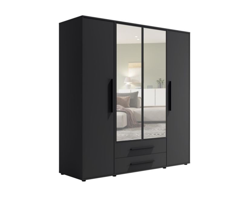 Szafa czterodrzwiowa z nadstawką Bettso Maxivo uchylna z szufladami i lustrem czarny 1szt.
