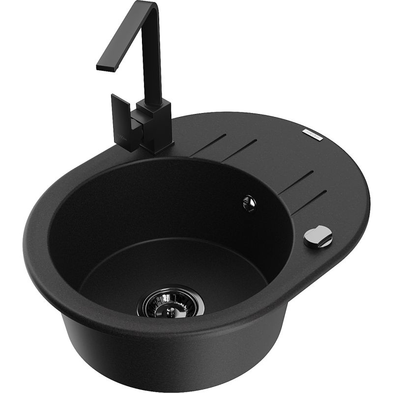 Zlewozmywak granitowy 1-komorowy Mexen Kevin z ociekaczem i baterią kuchenną Rita czarny/srebrny - 6517-73-670300-00 1 szt.