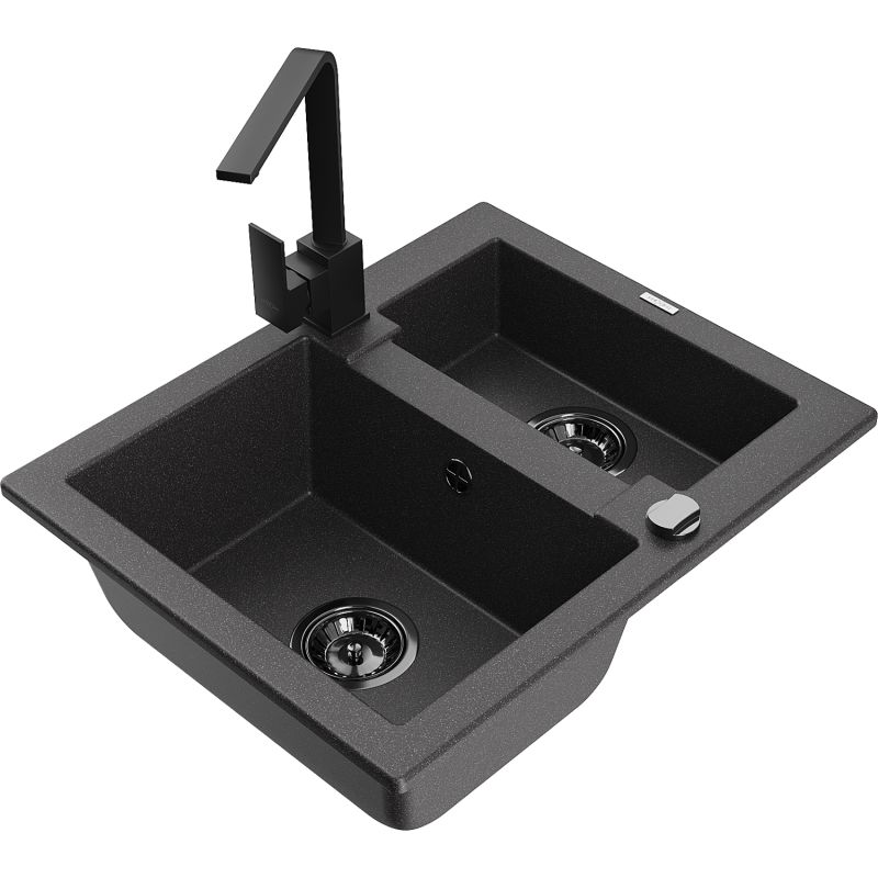 Zlewozmywak granitowy 1.5-komorowy Mexen Carlos z baterią kuchenną Rita czarny nakrapiany - 6518-76-670300-76 1 szt.