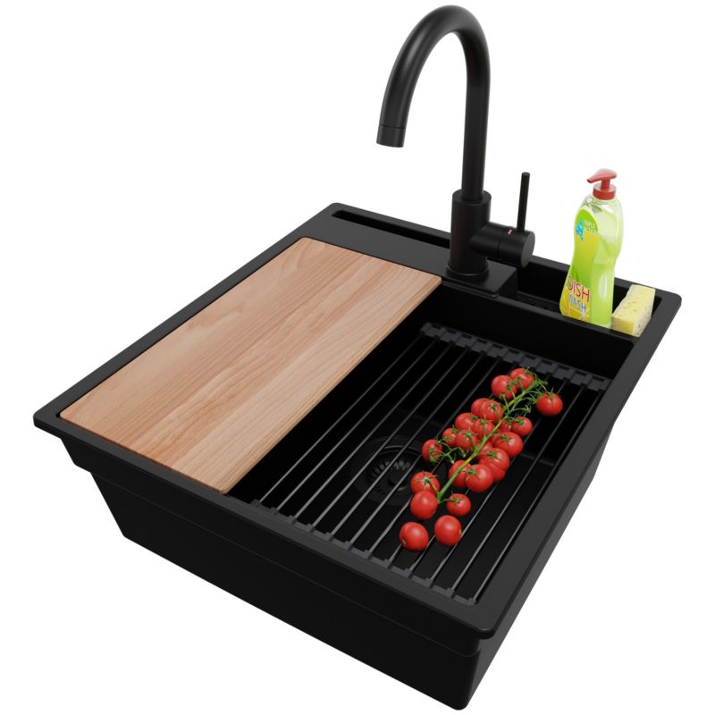 Zlewozmywak Granitowy Oslo Pocket PRIMAGRAN Nablatowy 48x53cm, Cały Czarny + Bateria + Syfon + Akcesorium, S174, 1 szt.