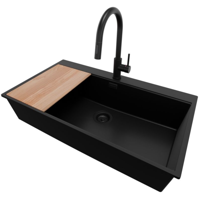 Zlewozmywak Granitowy Oslo PRIMAGRAN Nablatowy 88x50cm do szafki od 90cm, Cały Czarny + Bateria + Syfon + Deska, S724, 1 szt.