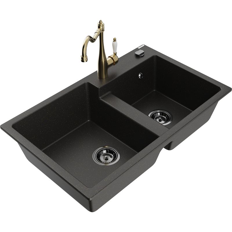 Zlewozmywak granitowy 2-komorowy Mexen Tomas z baterią kuchenną Carla czarny/złoty metalik 6516-75-670700-50-B