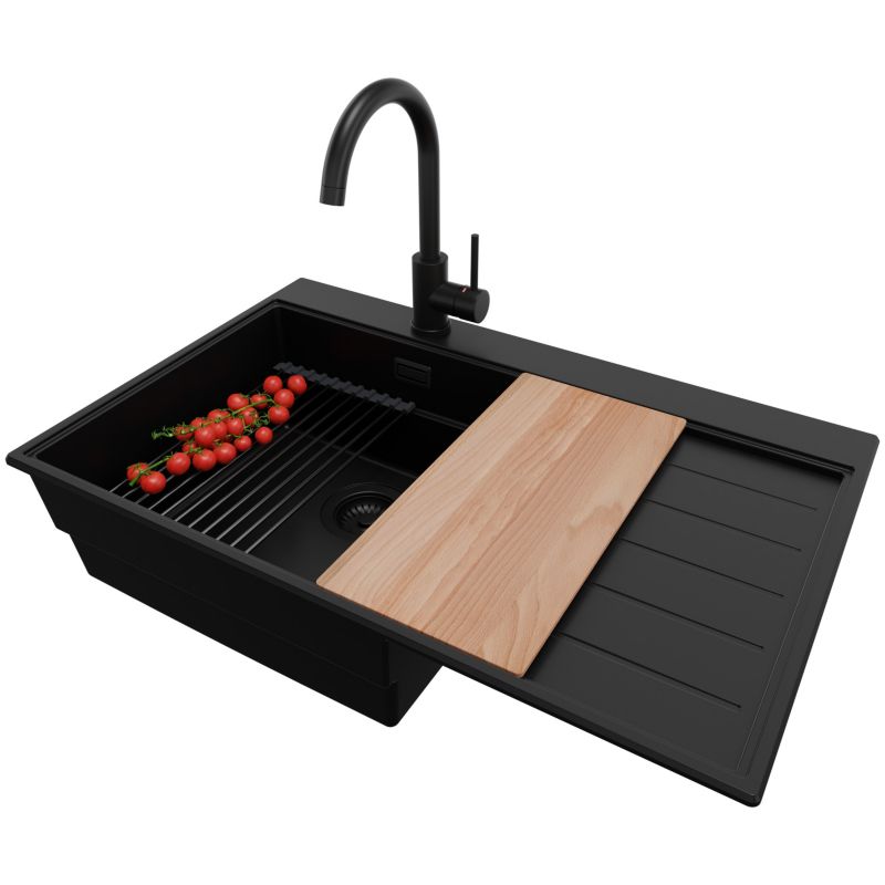 Zlewozmywak Granitowy Sydney PRIMAGRAN Nablatowy 78x50cm, Cały Czarny + Bateria + Syfon + Akcesorium, S378, 1 szt.