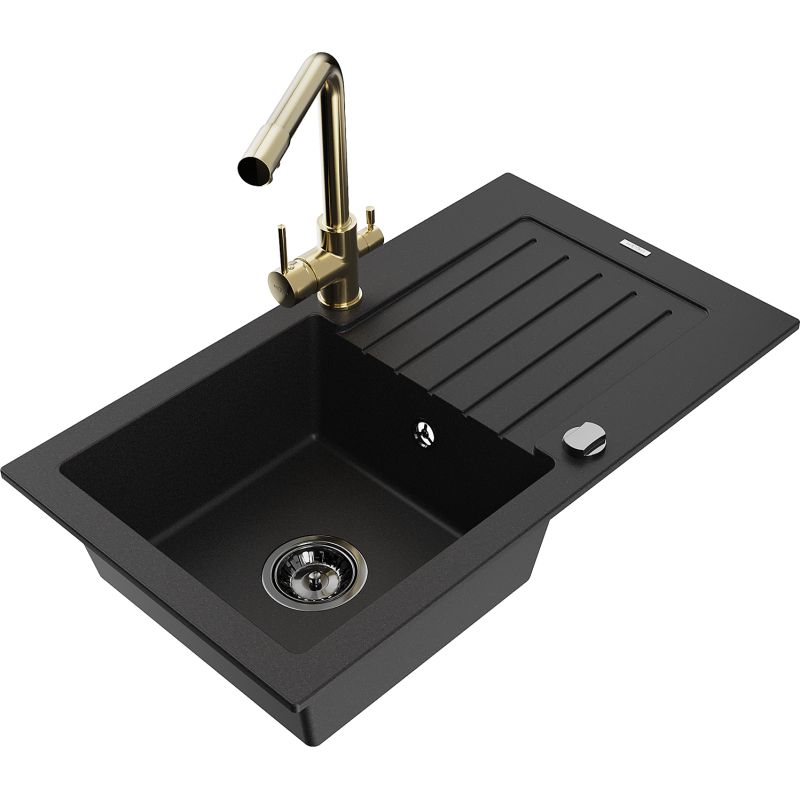 Zlewozmywak granitowy 1-komorowy Mexen Pablo z ociekaczem i baterią kuchenną Duero czarny 6510-77-671600-50-B