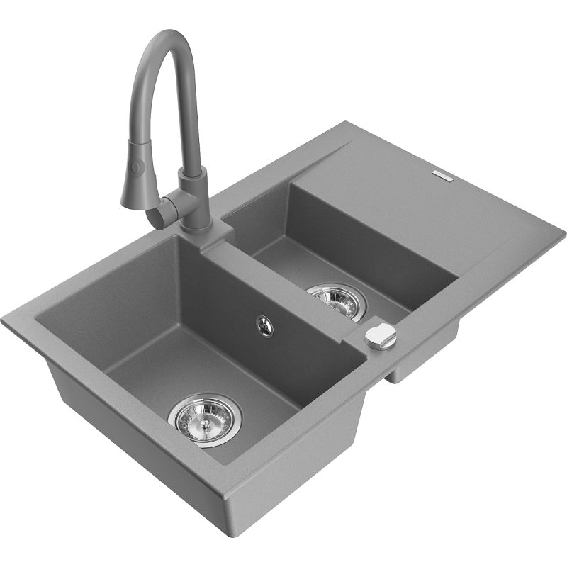 Zlewozmywak granitowy 1.5-komorowy Mexen Gaspar z ociekaczem i baterią kuchenną Flora czarny - 6507-77-670401-70-B 1 szt.